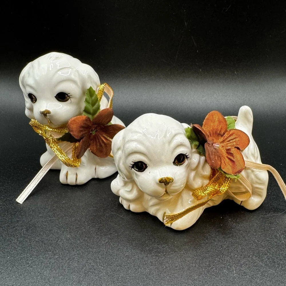 Pair of Vintage White Porcelain Dog Figurines With Flowers Made in Taiwan